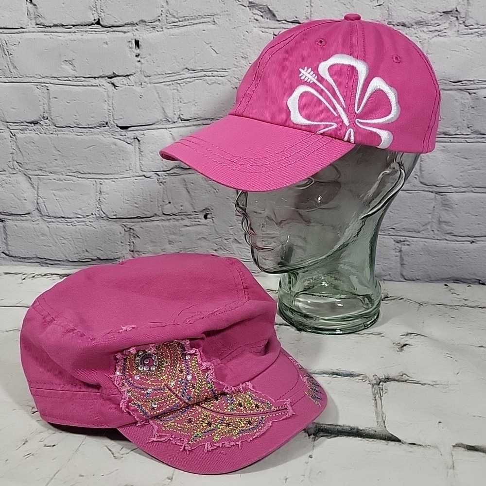 Tropical Trends Hats Womens Pink Lot Of 2 100% Cotton OSFA Army Cabby Ball Cap